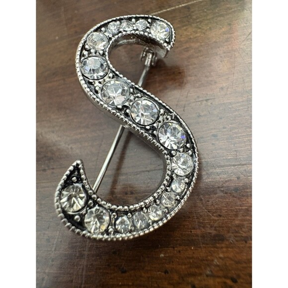 Rhinestone Embellished “S” Initial Brooch Pin Black Fashion Gift Name - Picture 5 of 8